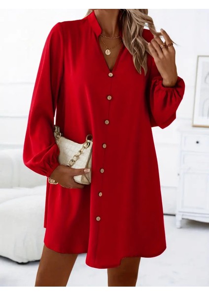 Kadın Uzun Kollu V Yakalı Önden Düğmeli Kısa Sandy Elbise modelleri