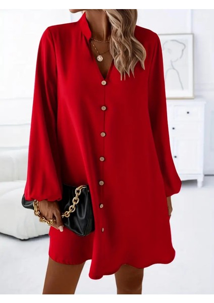 Kadın Uzun Kollu V Yakalı Önden Düğmeli Kısa Sandy Elbise fırsatları