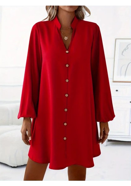 Kadın Uzun Kollu V Yakalı Önden Düğmeli Kısa Sandy Elbise indirimleri