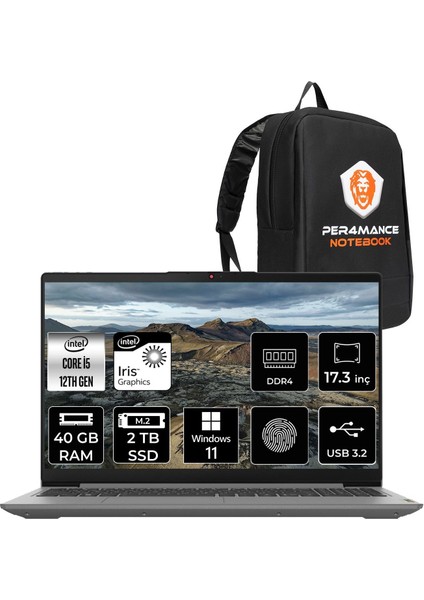 Ideapad 3 17IAU7 Intel Core I5 1235U 40GB 2tb SSD 17.3" Fhd W11H Taşınabilir Bilgisayar & Per4 Çanta 82RL00CLTXP349