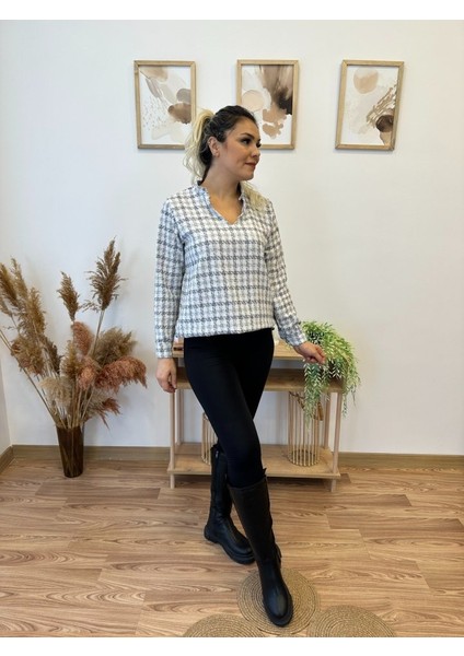 Kadın Uzun Kollu V Hakim Yaka Çok Renkli Dokuma Bluz fırsatları