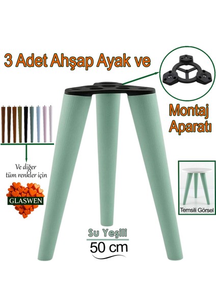 3 Adet Ahşap Ayak 50 cm Su Yeşili M8 Civatalı Bağlantı Aparatlı Mobilya Tabure Sehpa Masa Destek Ayağı