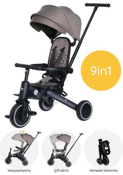 9in1 Hawk Çift Yönlü Katlanabilir Yatabilir Ayak Destekli Üç Tekerlekli Bebek ve Çocuk Bisikleti Yeşil