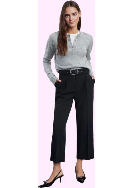 Kadın Dokuma Pantolon Kemer Detaylı Regular Boy Yüksek Bel Havuç Kalıp Yaz Aylarının Vazgeçilmezi fiyatları