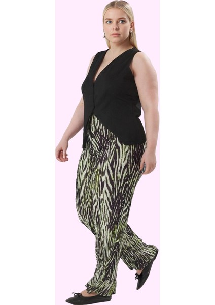 Kadın Büyük Beden Örme Pantolon; Yüksek Bel Geniş Paça Animal Desen 100% Polyester Günlük Kombinler