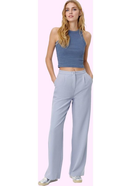 Kadın Casual Wide Leg Pantolon Dokuma Kumaş Yüksek Bel Çift Cepli Günlük Dayanıklı Malzeme fiyatları
