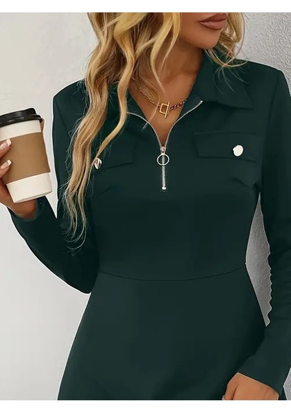 Kadın Uzun Kollu Yakalı Fermuarlı ve Cepli Kısa Ithal Krep Kısa Elbise fiyatları