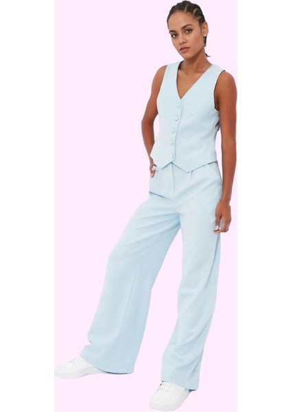 Kadın Yüksek Bel Wide Leg Pantolon Finike Dokuma Kumaş Çift Cepli Rahat Günlük Özel Günler