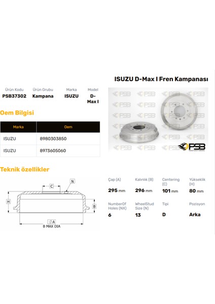 Fren Kampanası Arka 295MM Isuzu D-Max 2.5td 4WD 2003- Oem Kodu - 8980303850-PSB37302