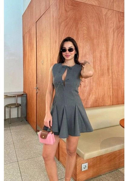 Bağcık Detaylı Kolsuz Mini Elbise - Antrasit
