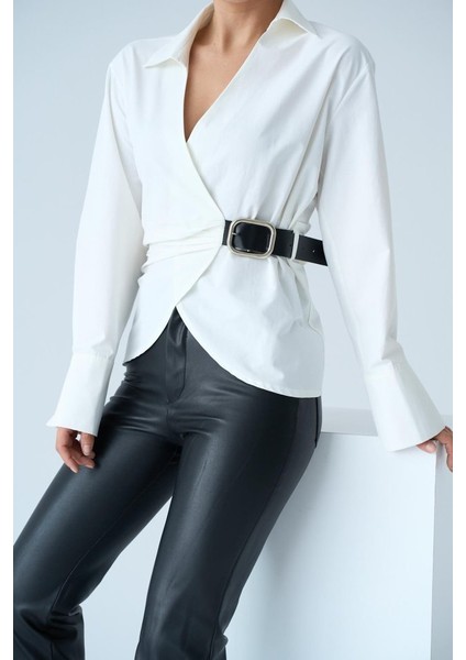 Kemerli Gömlek - Ekru fırsatları