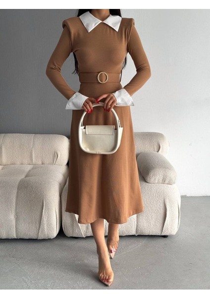 Kadın Uzun Kol Gömlek Yaka ve Vatka Detay Kemer Dahil Midi Boy Elbise modelleri