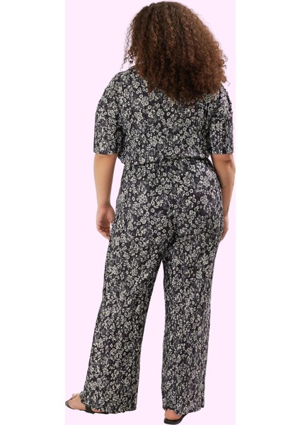 Kadın Çiçek Desenli Örme Pantolon Geniş Paça Yüksek Bel Büyük Beden Casual Günlük Kullanım