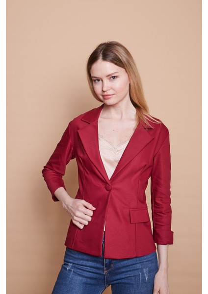 Yakalı Cep Kapaklı Kolu Duble Kapri Truvakar Kol Tek Düğme Pamuklu Hafif Likralı Kumaş Blazer Ceket-Bordo fırsatları