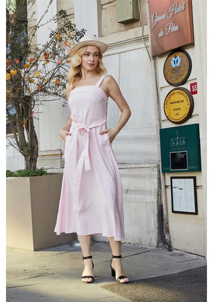 Kadın Ipeksi Modal Kumaş Askılı Eteği Kiloş Diz Altı Yazlık Abiye Gece Elbise-Pembe fiyatları