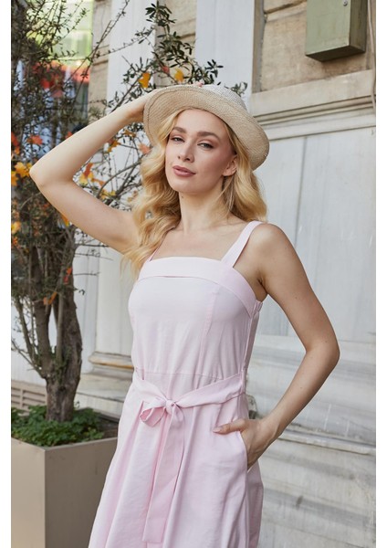 Kadın Ipeksi Modal Kumaş Askılı Eteği Kiloş Diz Altı Yazlık Abiye Gece Elbise-Pembe fırsatları