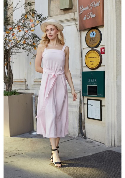 Kadın Ipeksi Modal Kumaş Askılı Eteği Kiloş Diz Altı Yazlık Abiye Gece Elbise-Pembe indirimleri