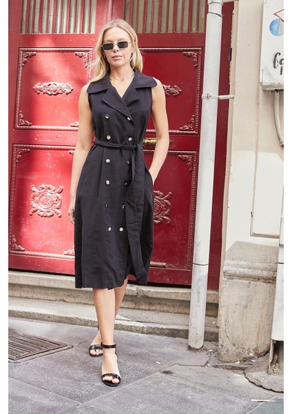 Kadın Ipeksi Modal Likrasız Kumaş Anvelop Kruvaze Yakalı Cepli Bağcıklı Midi Boy Diz Altı Elbise-Siyah