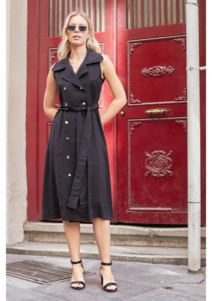 Kadın Ipeksi Modal Likrasız Kumaş Anvelop Kruvaze Yakalı Cepli Bağcıklı Midi Boy Diz Altı Elbise-Siyah fiyatları