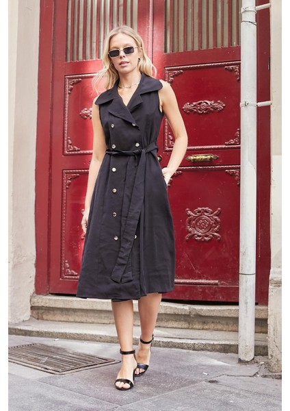 Kadın Ipeksi Modal Likrasız Kumaş Anvelop Kruvaze Yakalı Cepli Bağcıklı Midi Boy Diz Altı Elbise-Siyah modelleri