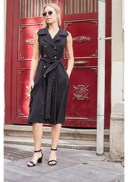 Kadın Ipeksi Modal Likrasız Kumaş Anvelop Kruvaze Yakalı Cepli Bağcıklı Midi Boy Diz Altı Elbise-Siyah fırsatları