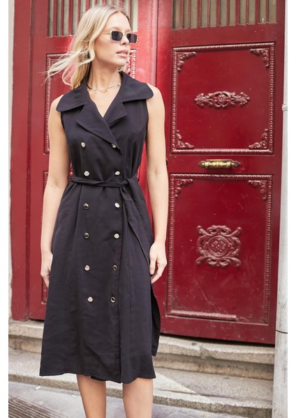 Kadın Ipeksi Modal Likrasız Kumaş Anvelop Kruvaze Yakalı Cepli Bağcıklı Midi Boy Diz Altı Elbise-Siyah indirimleri