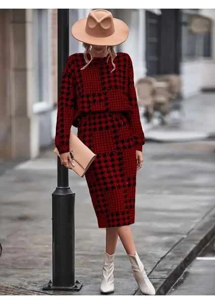 Kadın Uzun Kollu Bisiklet Yaka Şardonlu Dalgıç Bluz ve Yırtmaçlı Midi Etek Takım indirimleri