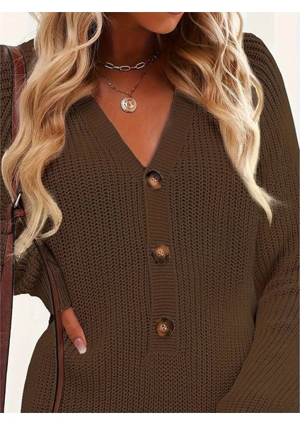 Kadın Uzun Kollu V Yakalı Önden Düğmeli Kısa Triko Elbise indirimleri