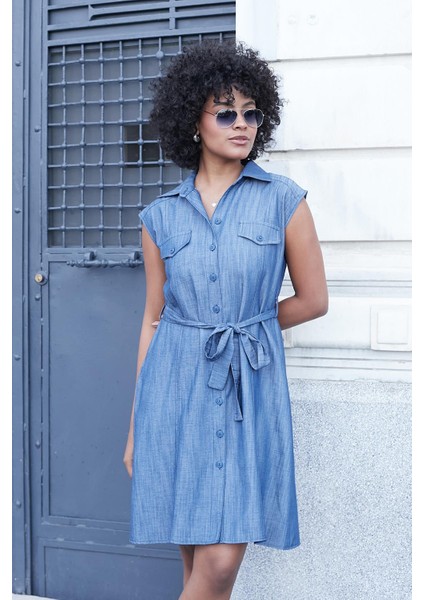 Kadın Kot Görünümlü Kumaş Yakalı Düşük Omuzlu Cep Kapaklı Yan Cepli Diz Boy Elbise-Açık Mavi fırsatları