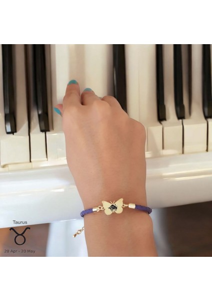 14 Ayar Altın Plakalı Boğa Burçlarına Özel Kelebek Motifli Mor Derili Hediye BILEKLIK-469BURÇ