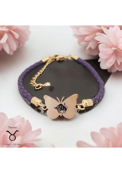 14 Ayar Altın Plakalı Boğa Burçlarına Özel Kelebek Motifli Mor Derili Hediye BILEKLIK-469BURÇ fiyatları