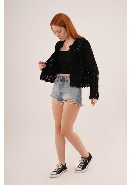 Ajurlu Düğmeli Siyah Hırka fırsatları