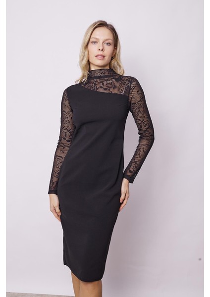 Kadın Likralı Krep Kumaş Tül Detaylı Yarım Balıkçı Uzun Kol Şık Abiye Elbise-Siyah fiyatları