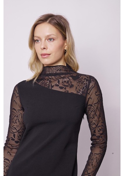 Kadın Likralı Krep Kumaş Tül Detaylı Yarım Balıkçı Uzun Kol Şık Abiye Elbise-Siyah modelleri