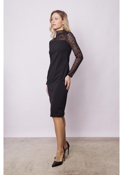 Kadın Likralı Krep Kumaş Tül Detaylı Yarım Balıkçı Uzun Kol Şık Abiye Elbise-Siyah fırsatları