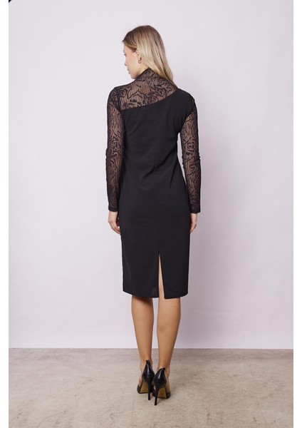 Kadın Likralı Krep Kumaş Tül Detaylı Yarım Balıkçı Uzun Kol Şık Abiye Elbise-Siyah indirimleri