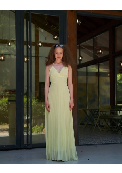 Piliseli Sırt Detaylı Astarlı Sırt Kısmı Lastikli Pileli Sarı Elbise fiyatları