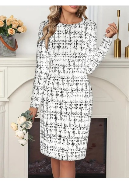 Kadın Uzun Kollu Bisiklet Yaka Desenli Dalgıç Kısa Elbise modelleri