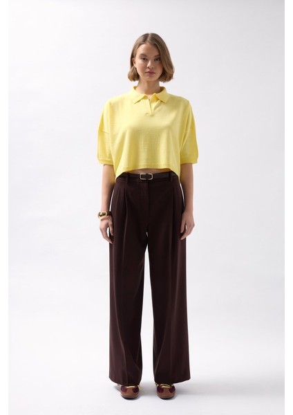 Polo Yaka Crop Dokulu Bluz fiyatları