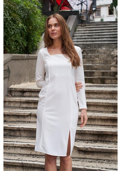 Kadın Likralı Krep Kumaş Kare Yaka Önden Yırtmaçlı Uzun Kol Diz Altı Ofis Elbise-Krem fiyatları