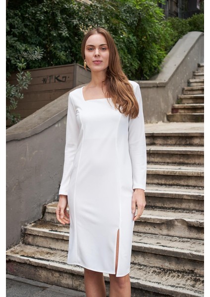 Kadın Likralı Krep Kumaş Kare Yaka Önden Yırtmaçlı Uzun Kol Diz Altı Ofis Elbise-Krem modelleri