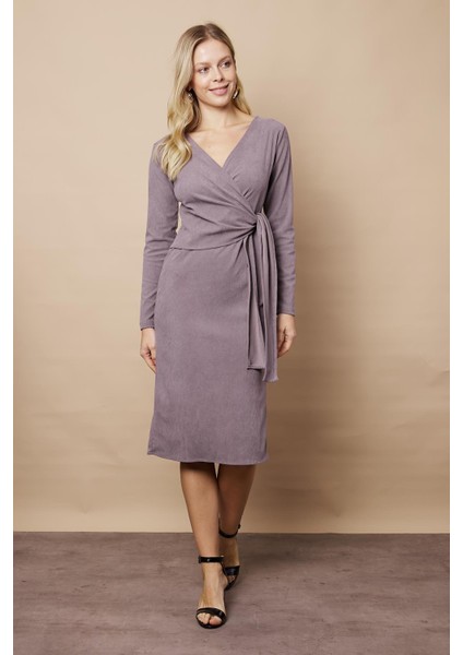 Kadın Kadife Kumaş Kruvaze Anvelop Bağcıklı Uzun Kol Diz Altı Elbise-Gri