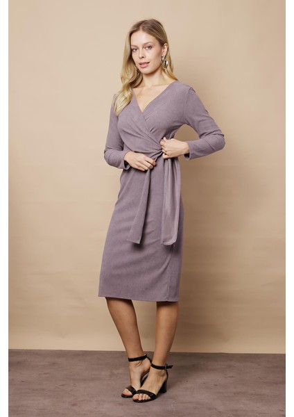 Kadın Kadife Kumaş Kruvaze Anvelop Bağcıklı Uzun Kol Diz Altı Elbise-Gri fiyatları