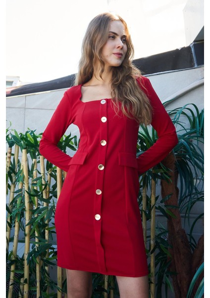 Kadın Likralı Krep Kumaş Kare Yaka Uzun Kol Önü Düğmeli Ofis Ceket Elbise-Kırmızı