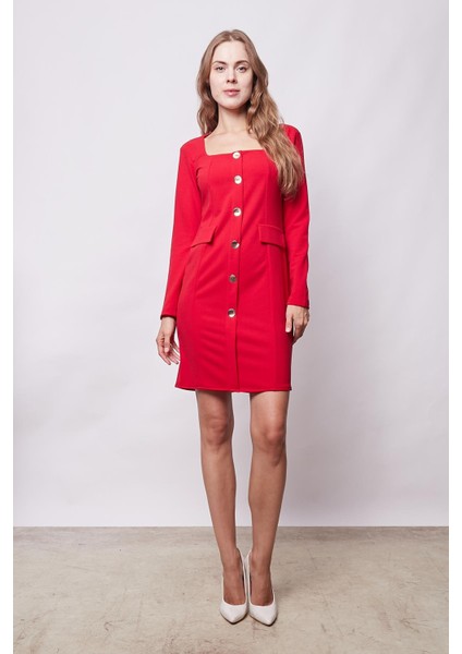 Kadın Likralı Krep Kumaş Kare Yaka Uzun Kol Önü Düğmeli Ofis Ceket Elbise-Kırmızı fiyatları