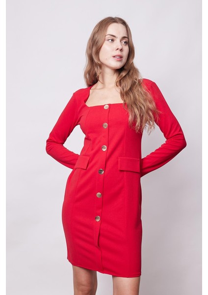Kadın Likralı Krep Kumaş Kare Yaka Uzun Kol Önü Düğmeli Ofis Ceket Elbise-Kırmızı fırsatları
