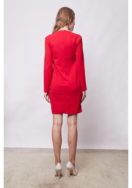 Kadın Likralı Krep Kumaş Kare Yaka Uzun Kol Önü Düğmeli Ofis Ceket Elbise-Kırmızı indirimleri