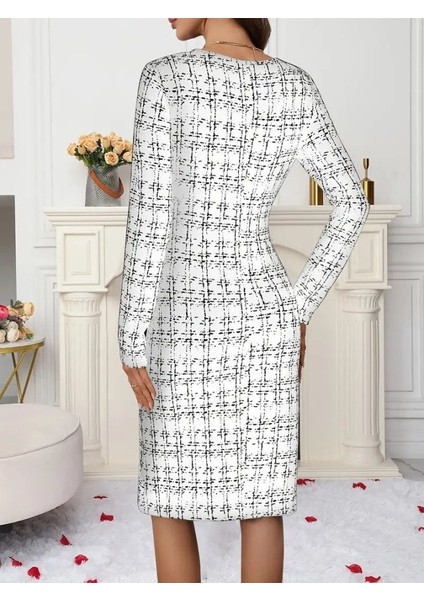 Kadın Uzun Kollu Bisiklet Yaka Desenli Dalgıç Kısa Elbise indirimleri