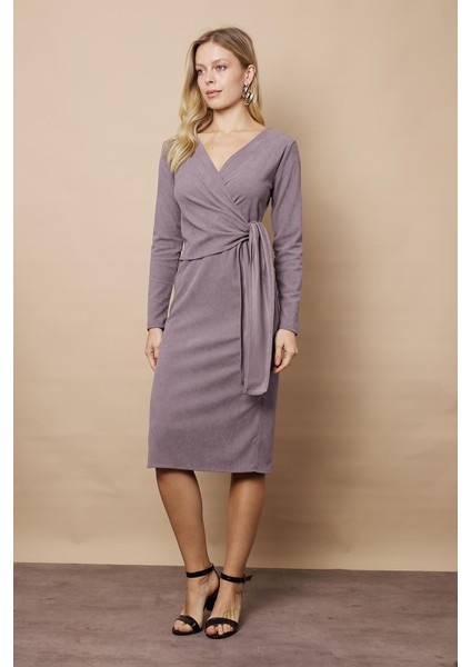 Kadın Kadife Kumaş Kruvaze Anvelop Bağcıklı Uzun Kol Diz Altı Elbise-Gri fırsatları