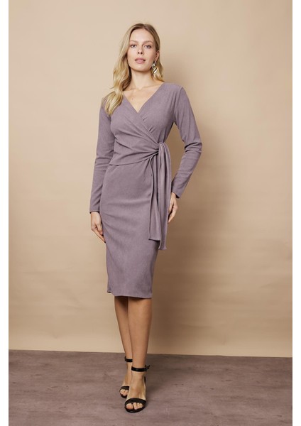 Kadın Kadife Kumaş Kruvaze Anvelop Bağcıklı Uzun Kol Diz Altı Elbise-Gri indirimleri